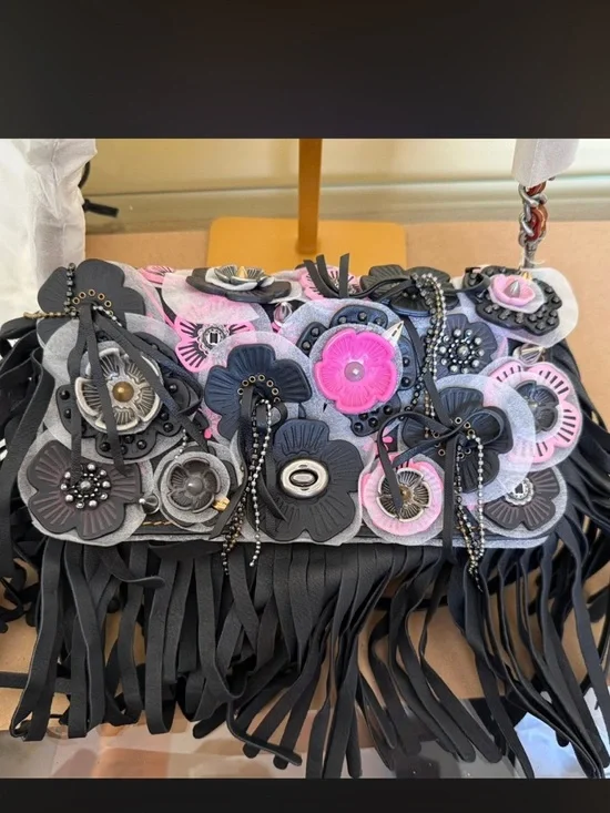 Coach Black Pink Wild Tea Rose Fringe Dinky NWOT Leather Never Carried - Picture 4 of 9